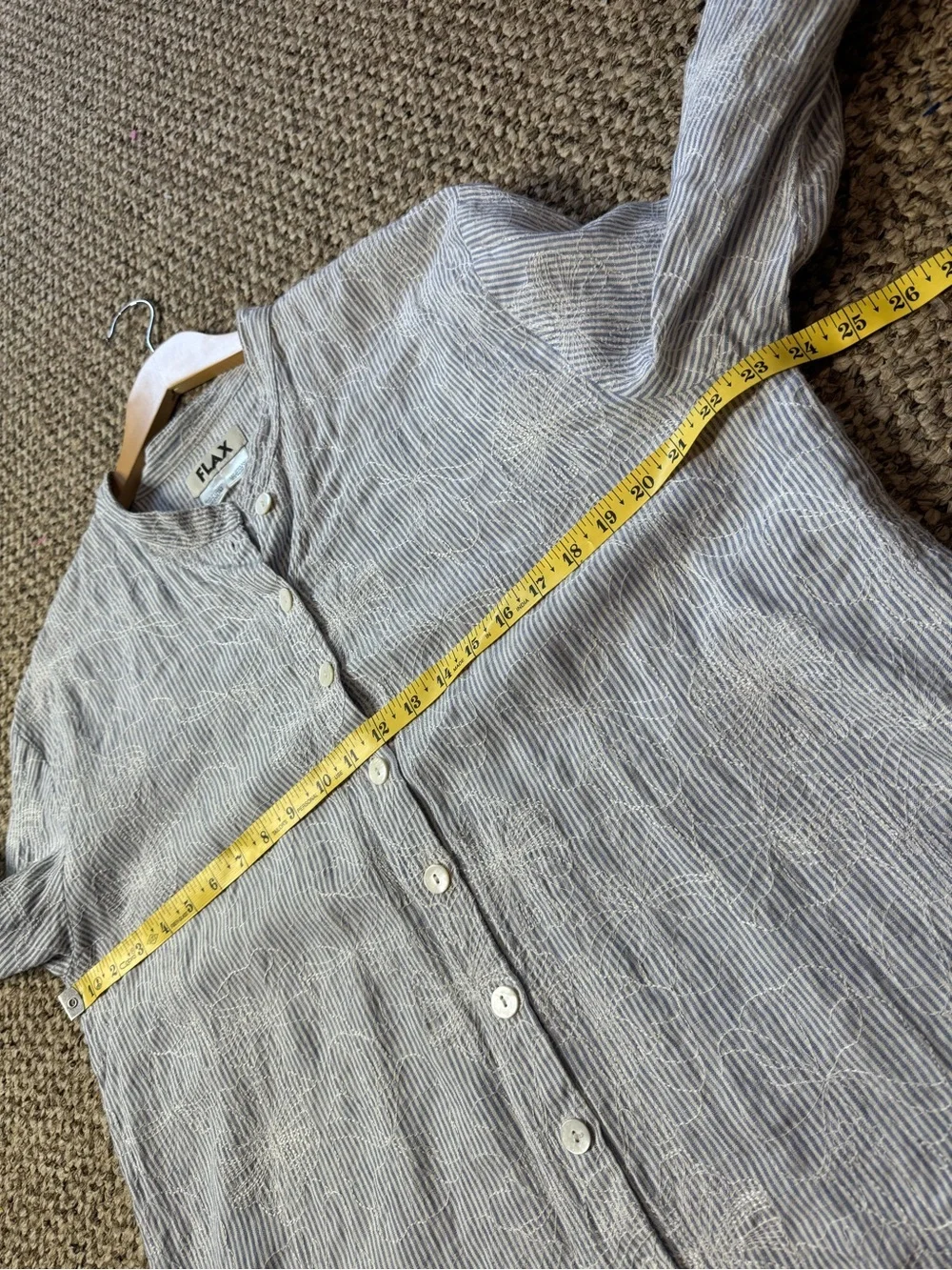 FLAX 100% Linen Button-Down Roll-Tab Floral Embroidered Tunic Shirt Dress size M